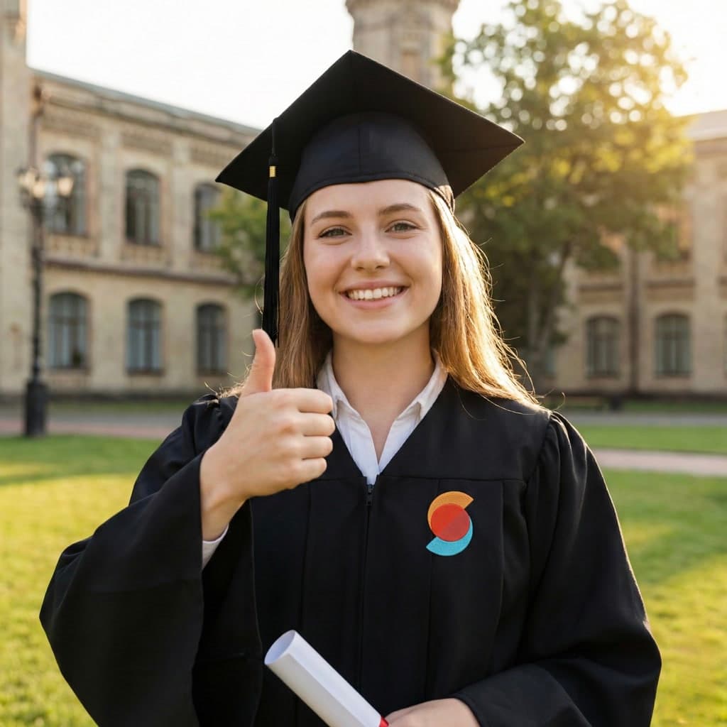 A smiling graduate in cap and gown, with the Studii logo on the gown, giving a thumbs up and holding a rolled diploma